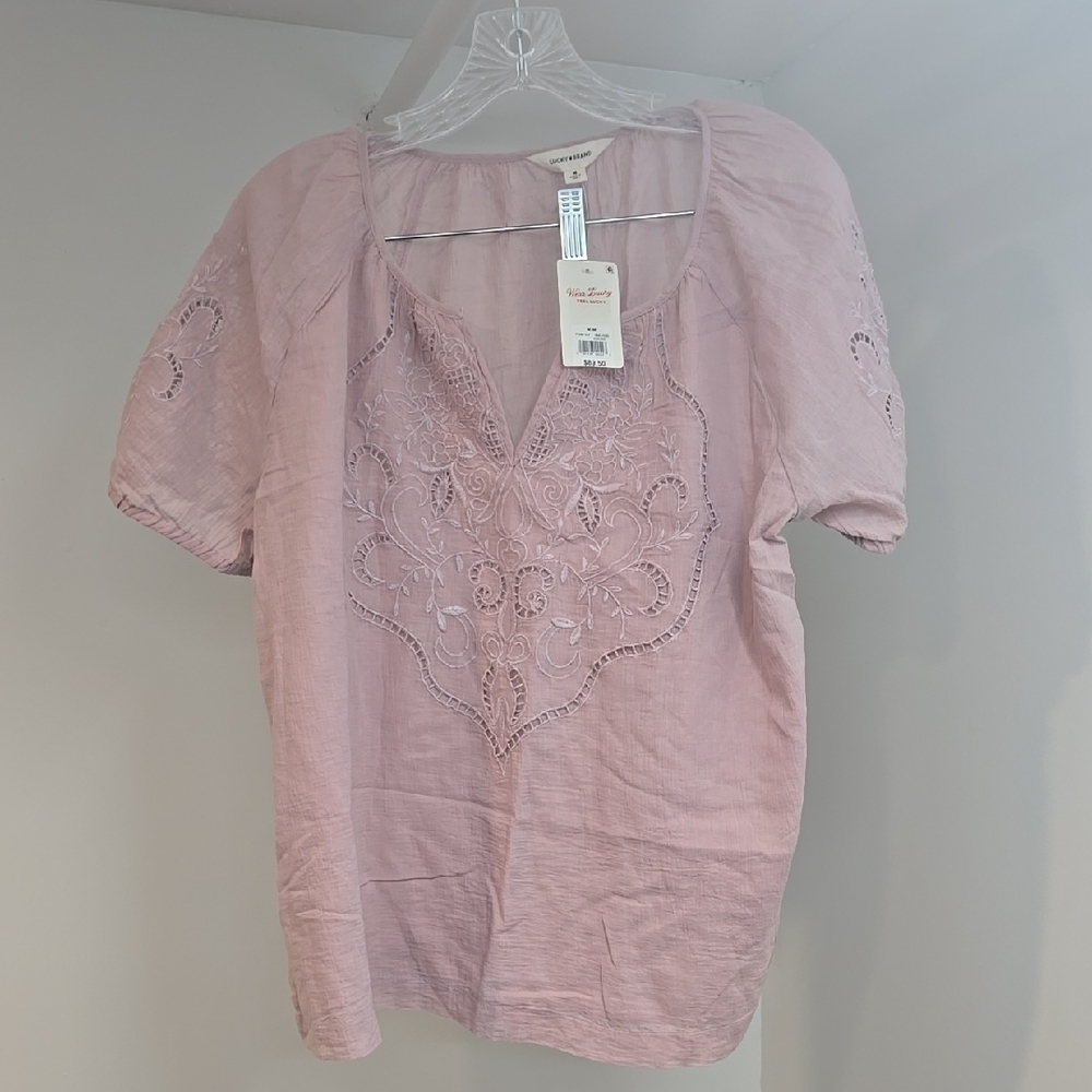 Lucky Brand Pink Embellished Short Sleeve Blouse